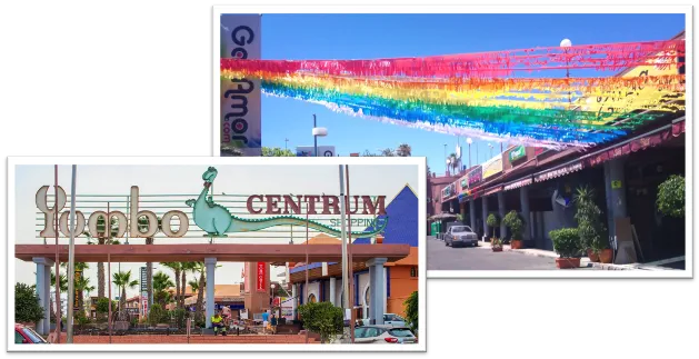 Centro comercial Yumbo, corazón de la zona de ambiente gay en Maspalomas, lleno de bares, tiendas y discotecas.